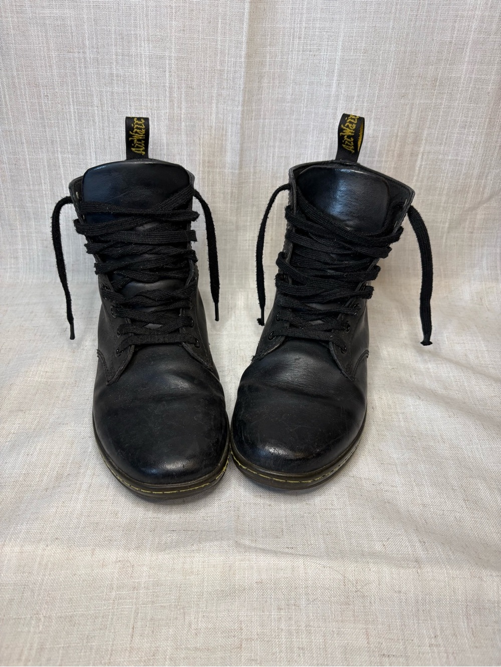 Dr. Martens Black Leather Lace-Up Boots with Yellow Heel Loop